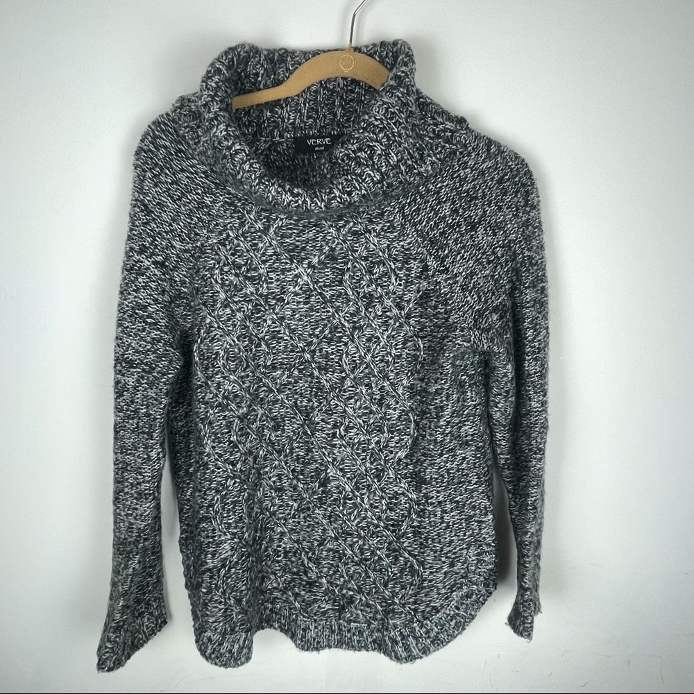 Verve Ami Black and White Cowl Neck Cable Knit Sweater Size M